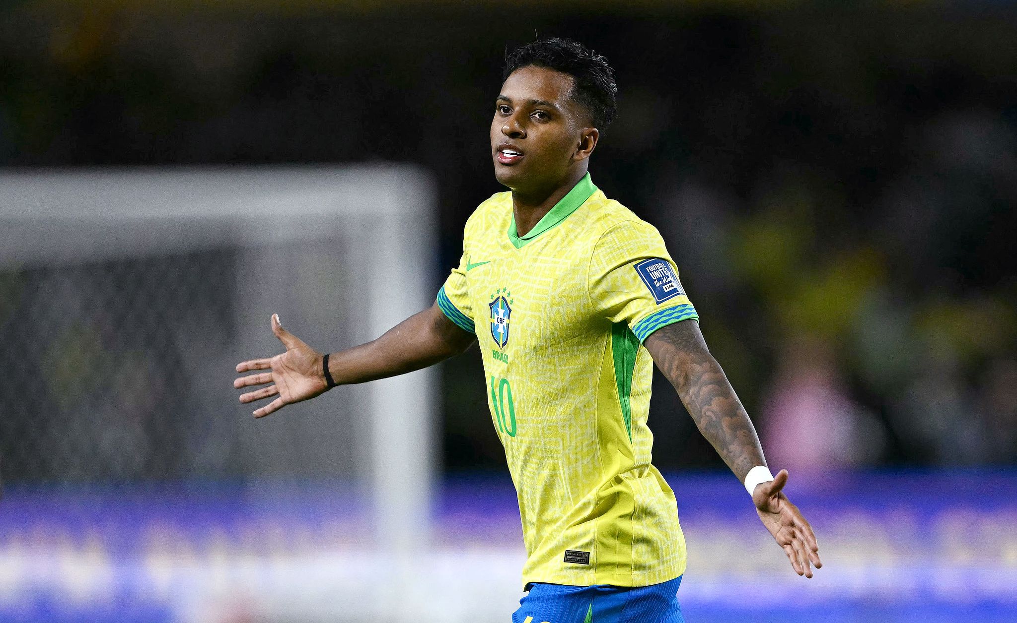 Rodrygo ăn mừng sau khi ghi bàn duy nhất giúp Brazil thắng Ecuador 1-0 tại Curitiba ở vòng loại World Cup 2026 khu vực Nam Mỹ ngày 6/9. Ảnh: CFP.